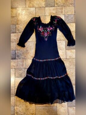 SUE WONG 100% SILK BLACK BEADED/SEQUIN SHEER 3/4 SLEEVE PEASANT DRESS MIDI SZ 10